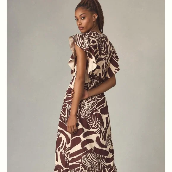 Anthropologie The Cassandra Maxi Dress Zebra Print Ruffled Hem Brown Motif - Picture 2 of 6